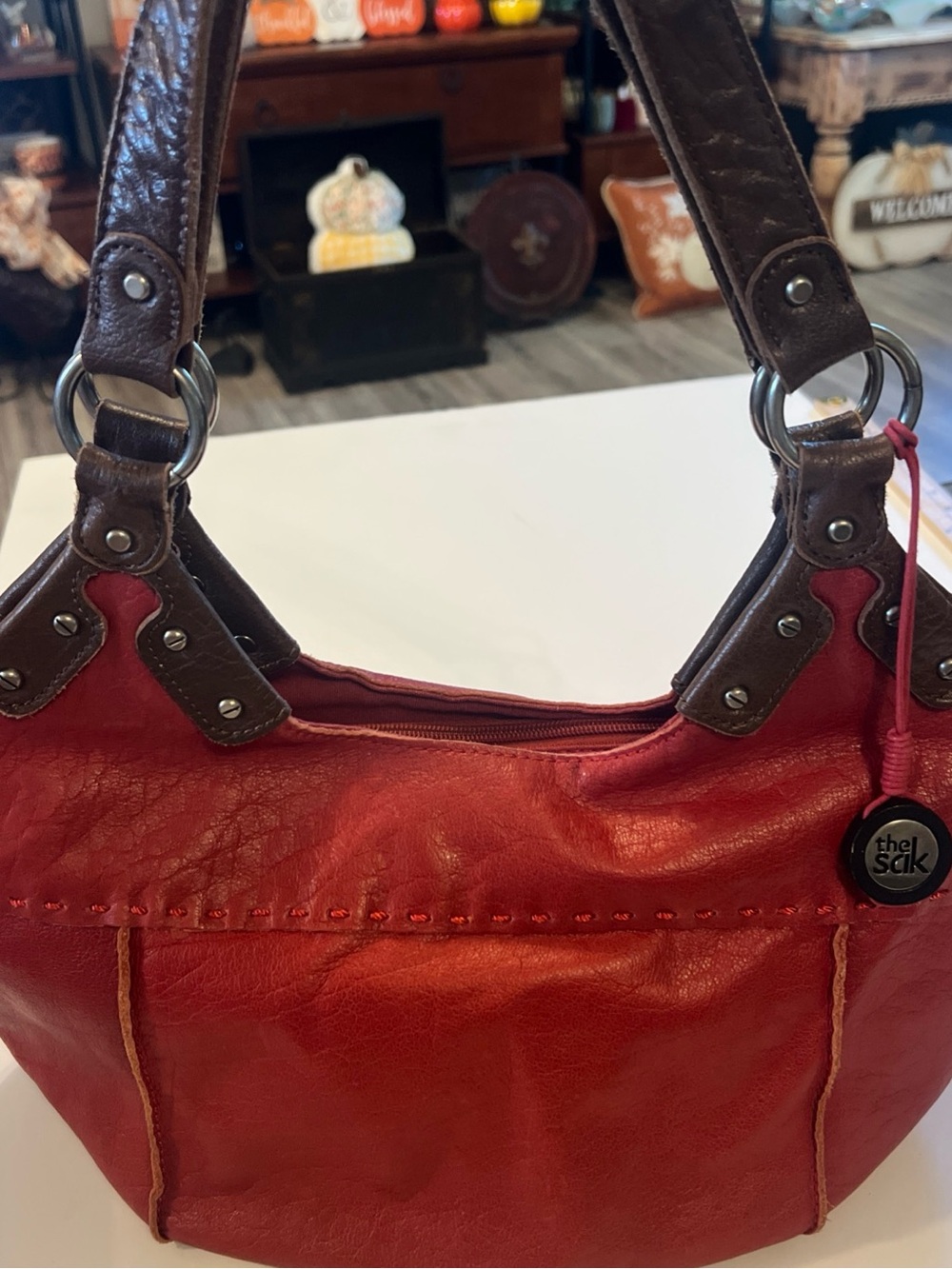 The Sak Red Leather Shoulder Bag with Brown Straps